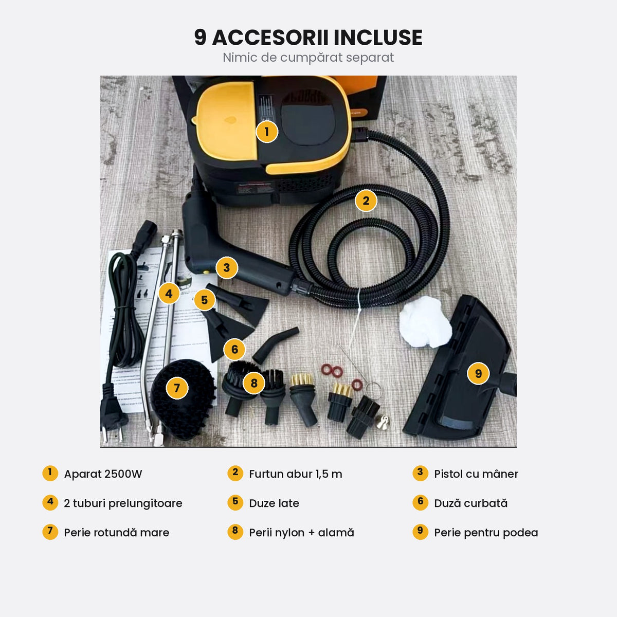 Aparat de Curățat cu Abur 2500W – 15 Accesorii Incluse