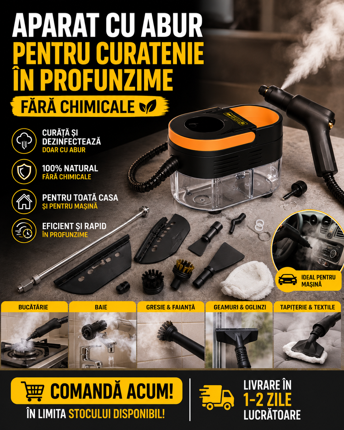 Aparat de Curățat cu Abur 2500W – 15 Accesorii Incluse