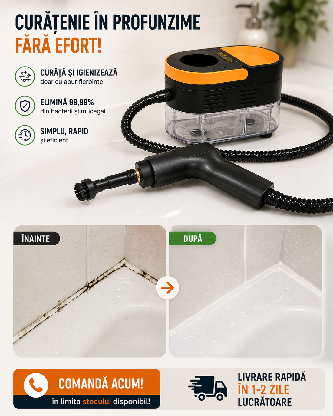Aparat de Curățat cu Abur 2500W – 15 Accesorii Incluse