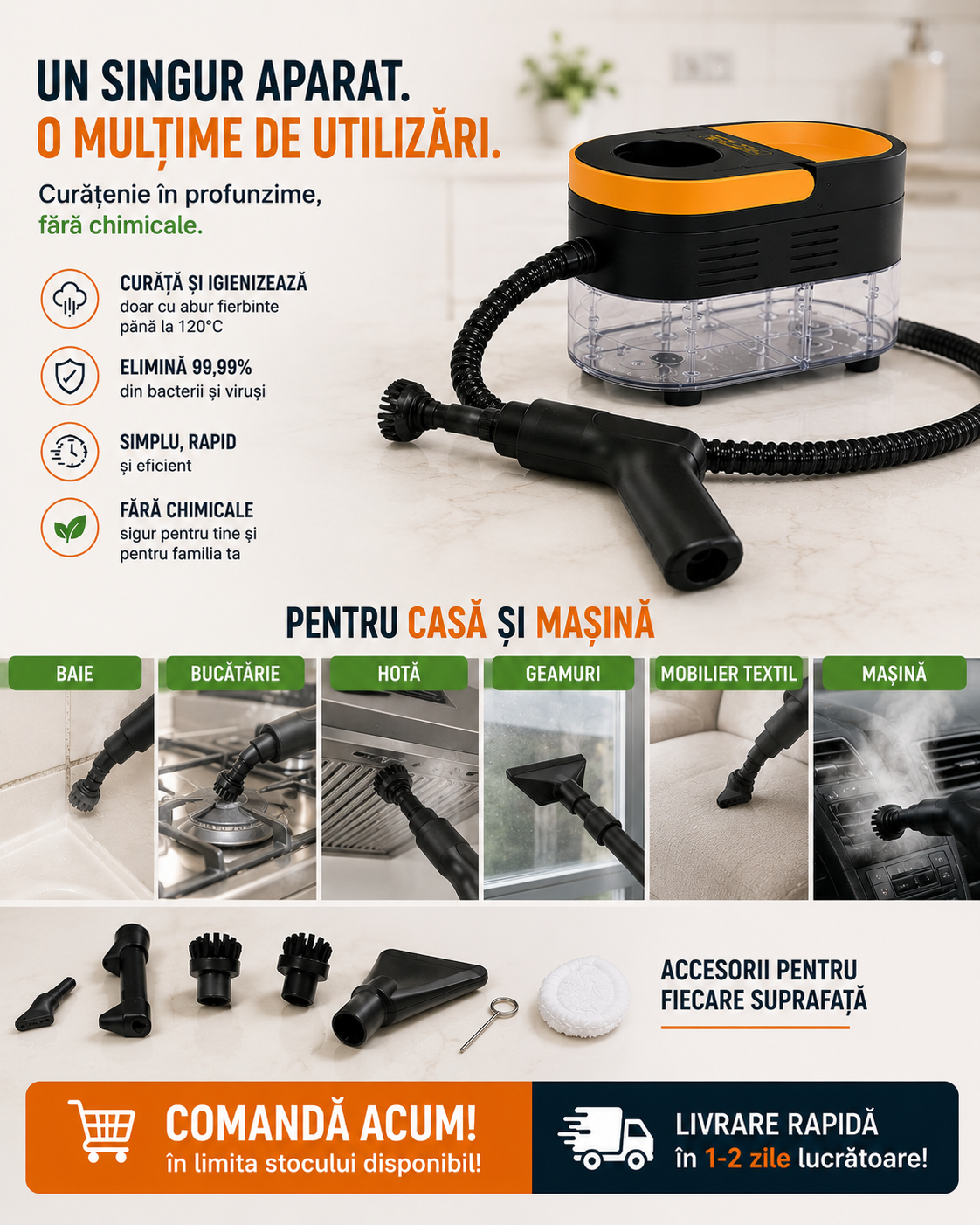 Aparat de Curățat cu Abur 2500W – 15 Accesorii Incluse
