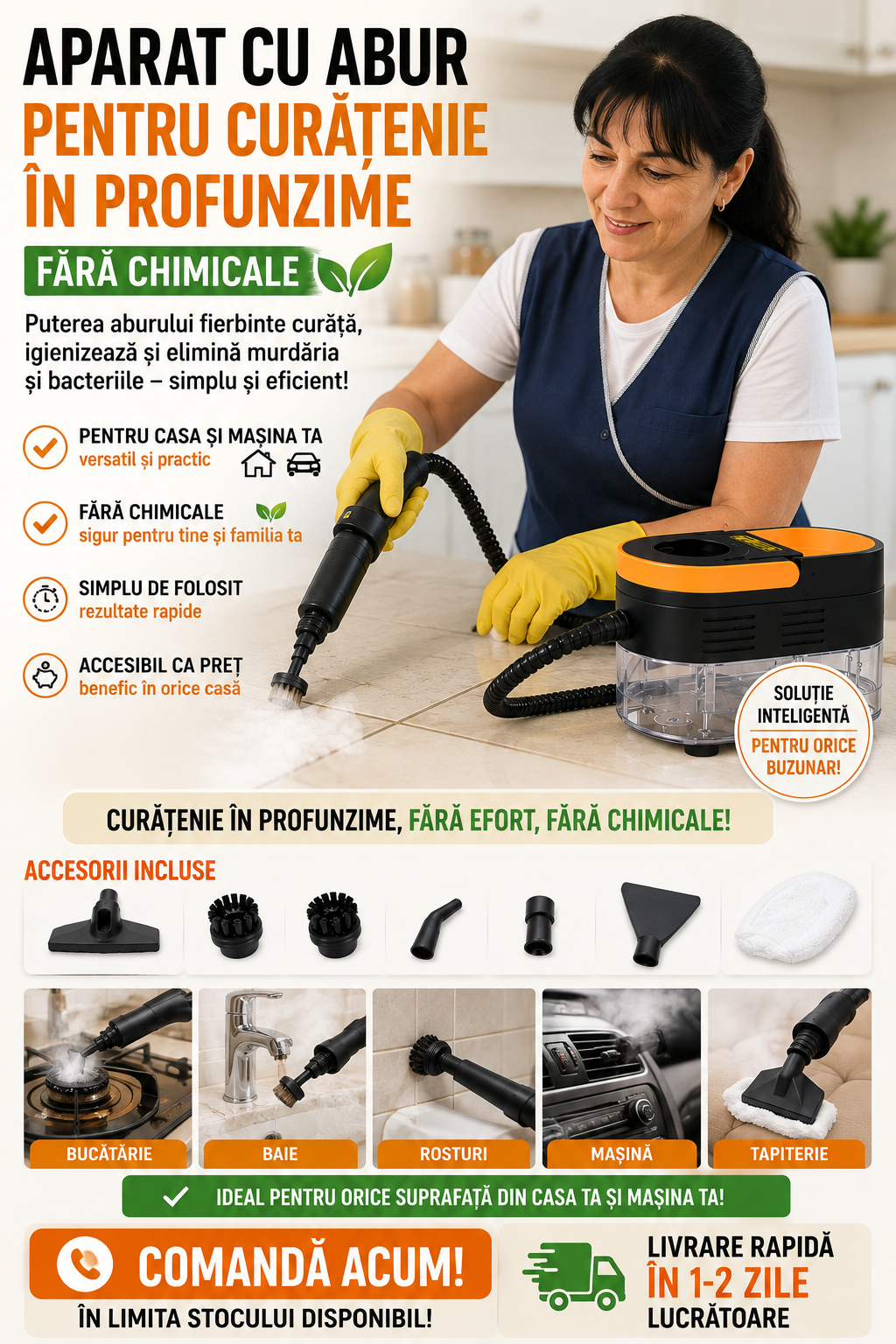Aparat de Curățat cu Abur 2500W – 15 Accesorii Incluse