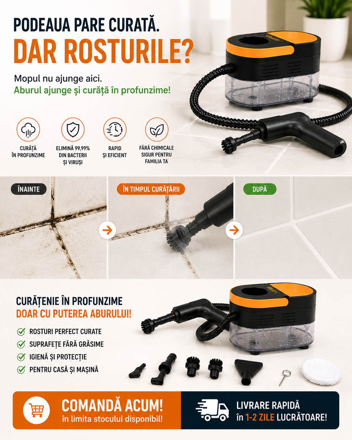 Aparat de Curățat cu Abur 2500W – 15 Accesorii Incluse